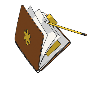 Brown spiral notebook with a pencil tucked inside and a gold star symbol on the cover