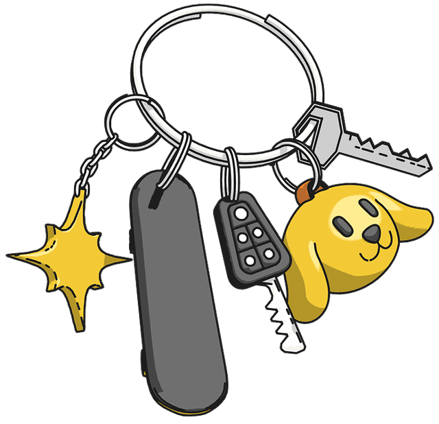 Keyring with keys, a remote fob, a Swiss Army-style tool, a star-shaped charm, and a yellow dog keychain